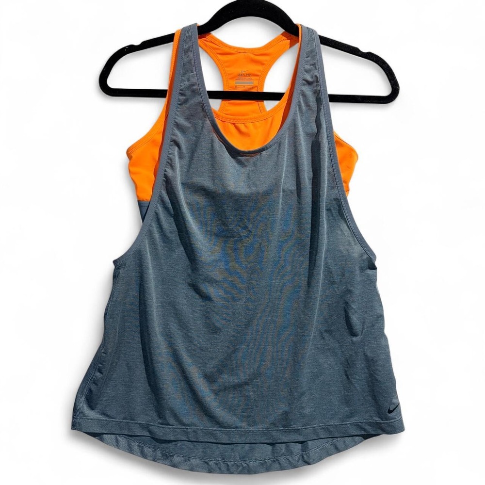 Nike Dri-Fit Women Gray Orange Swirl 2-in-1 Tank Top Sports Bra 643314-497 M